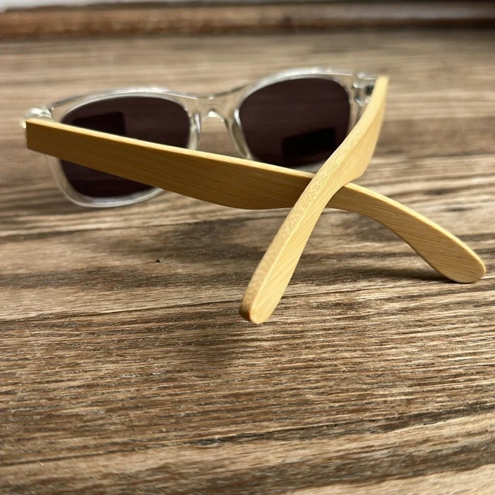 Blue Planet Clear Frame Natural Bamboo + Smoke Polarized Lens NWT readers 1.5